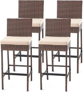 ECOTOUGE Rattan Bar Stools Set of 2, Outdoor Wicker Barstools Counter Height with Cushion for Lawn, Balcony, Garden, Black