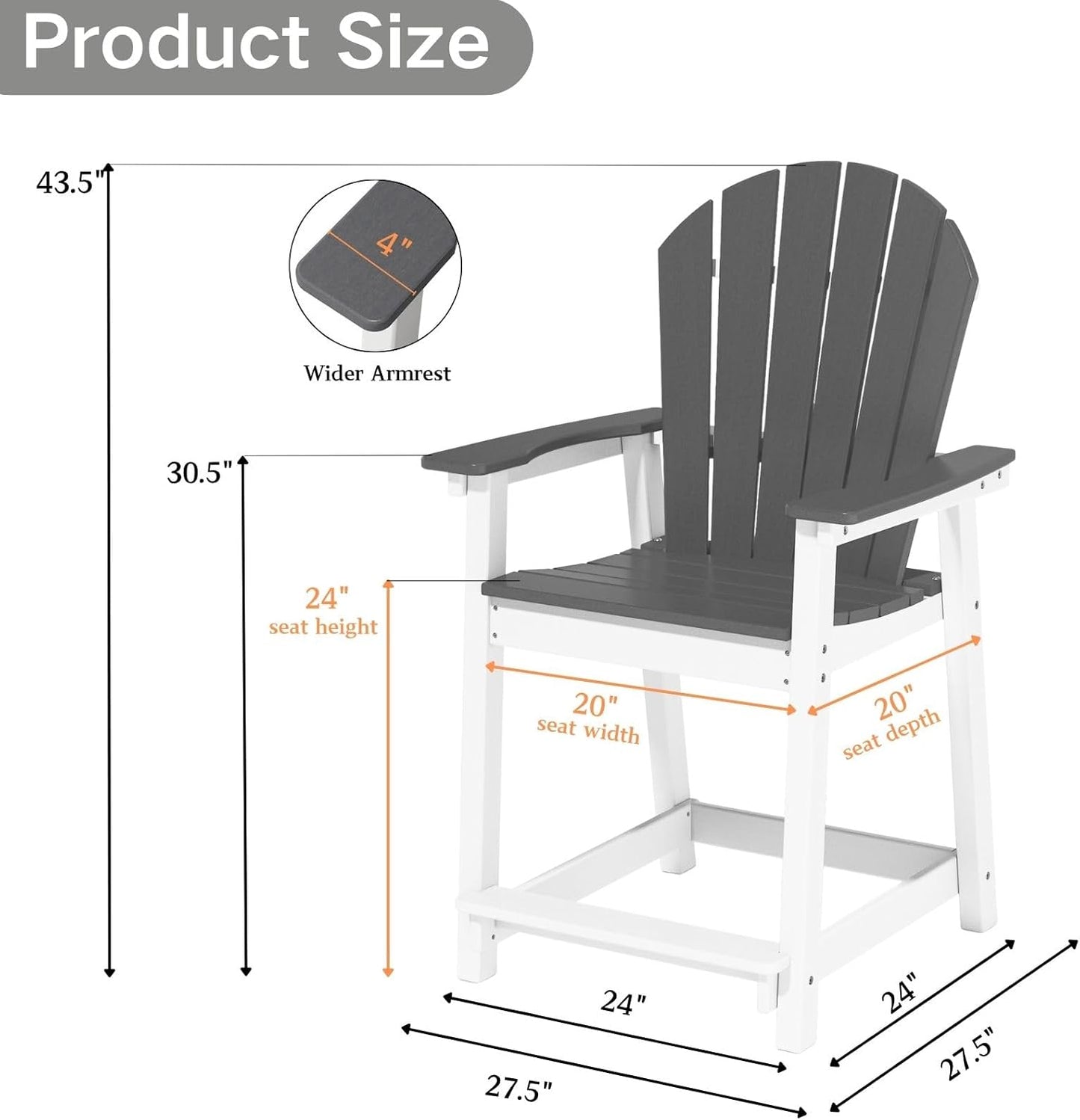 Tall Adirondack Chairs, Outdoor Balcony Chair, Patio Bar Stool with Widened Arms, High Back, Footrest, 400lbs, All-Weather Bar Height Chair for Garden, Yard, Backyard