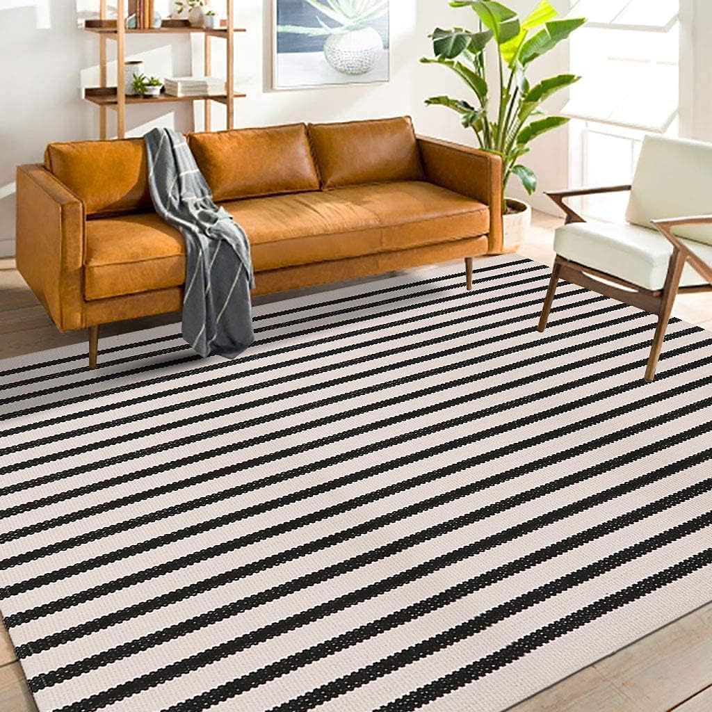 LEEVAN Black and White Striped Area Rug 5' x 7' Indoor Outdoor Rug Washable Woven Farmhouse Porch Front Outdoor Rug Patio Clearance for Living Room Courtyard Large Cotton Floor Carpet