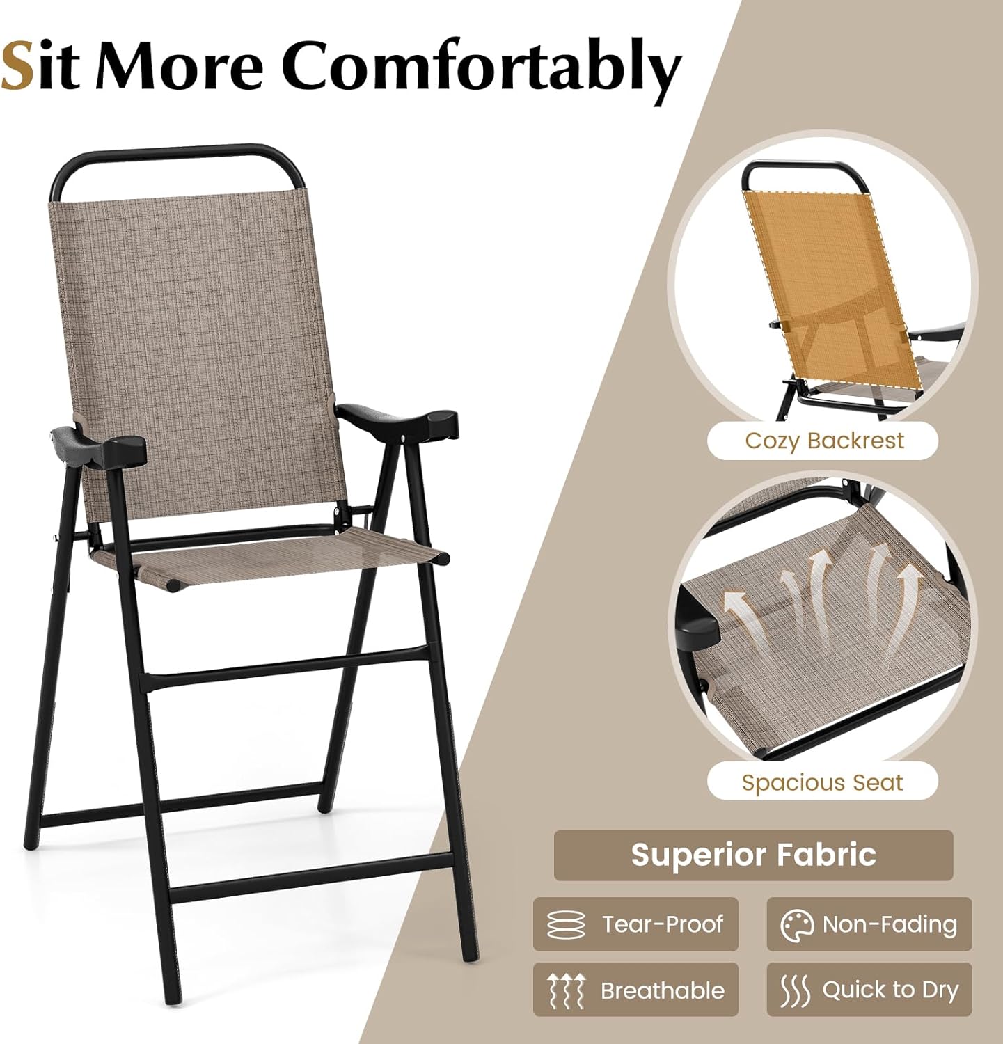COSTWAY 2 Pieces Patio Folding Bar Chairs, High Top Patio Bar Chair with Metal Frame & Footrest, Outdoor Counter Height Chairs for Balcony, Garden & Poolside, Coffee (1, Coffee)