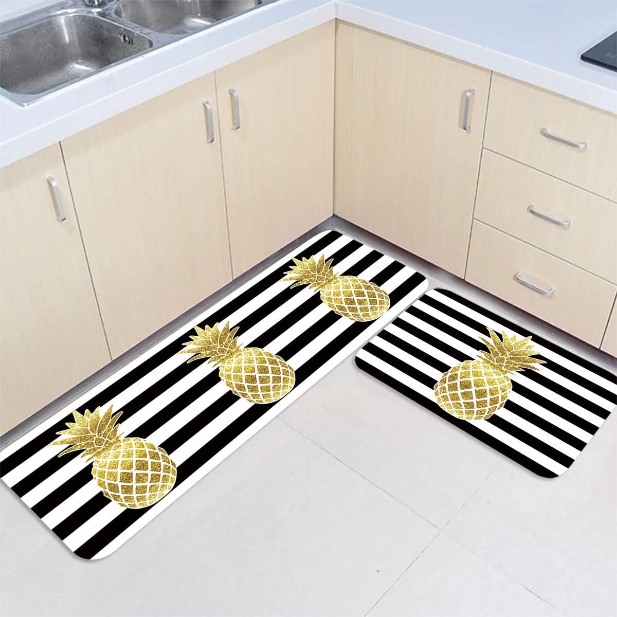 LooPoP Gold Pineapple Kitchen Mats for Floor Cushioned Anti Fatigue 2 Piece Set Kitchen Runner Rugs Non Skid Washable Black Striped 23.6x35.4+23.6x70.9