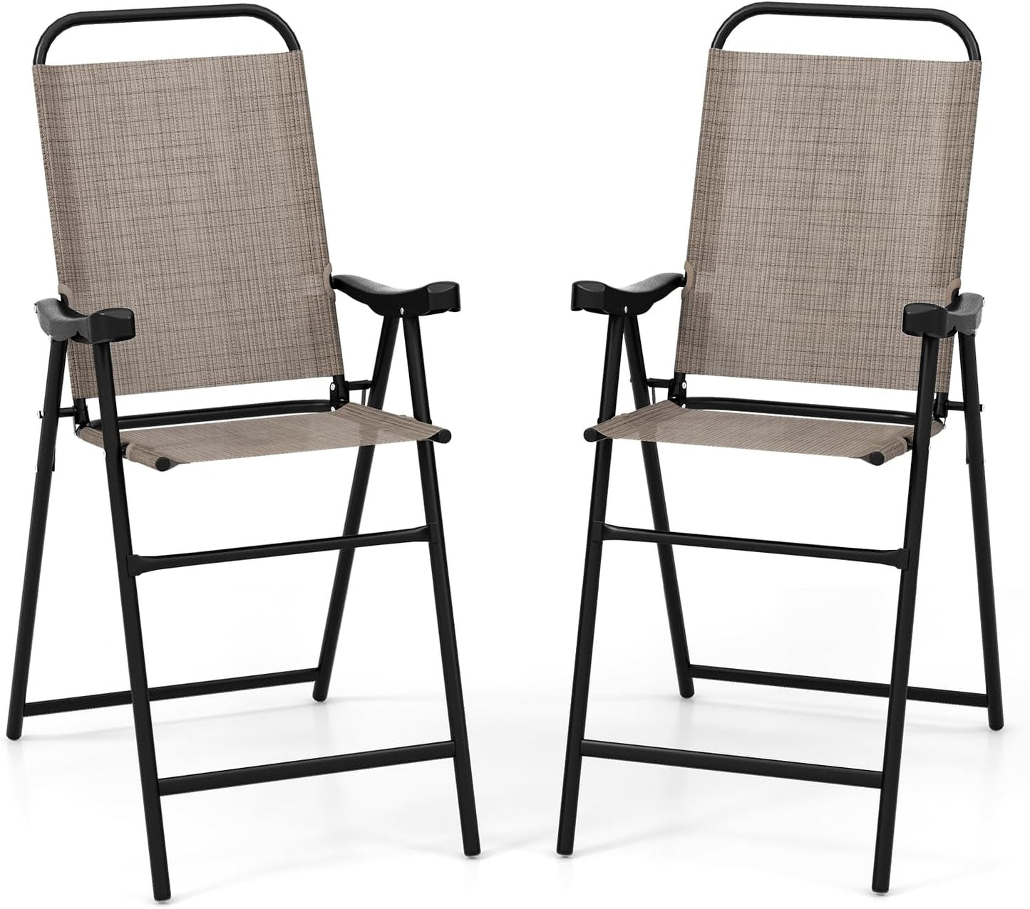 COSTWAY 2 Pieces Patio Folding Bar Chairs, High Top Patio Bar Chair with Metal Frame & Footrest, Outdoor Counter Height Chairs for Balcony, Garden & Poolside, Coffee (1, Coffee)