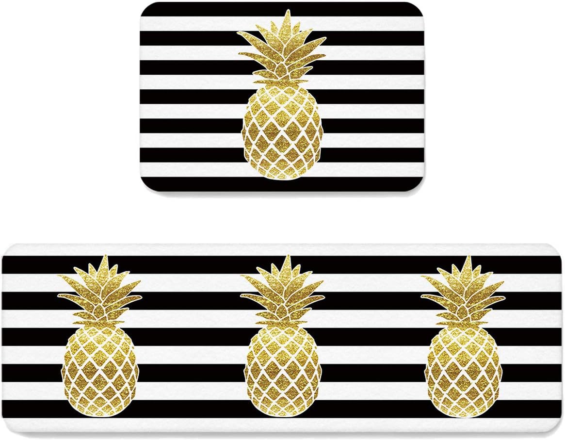 LooPoP Gold Pineapple Kitchen Mats for Floor Cushioned Anti Fatigue 2 Piece Set Kitchen Runner Rugs Non Skid Washable Black Striped 23.6x35.4+23.6x70.9