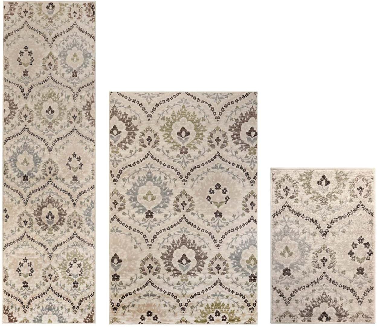 Superior Augusta 3 Piece Indoor Area Rug Set, Jute Backing, Floral Damask Decor for Hallway, Entry, Office, Kitchen, Bedroom, Living Room Floors, Plush Rugs, 2' 7" x 8', 2' x 3', 5' x 8', Beige