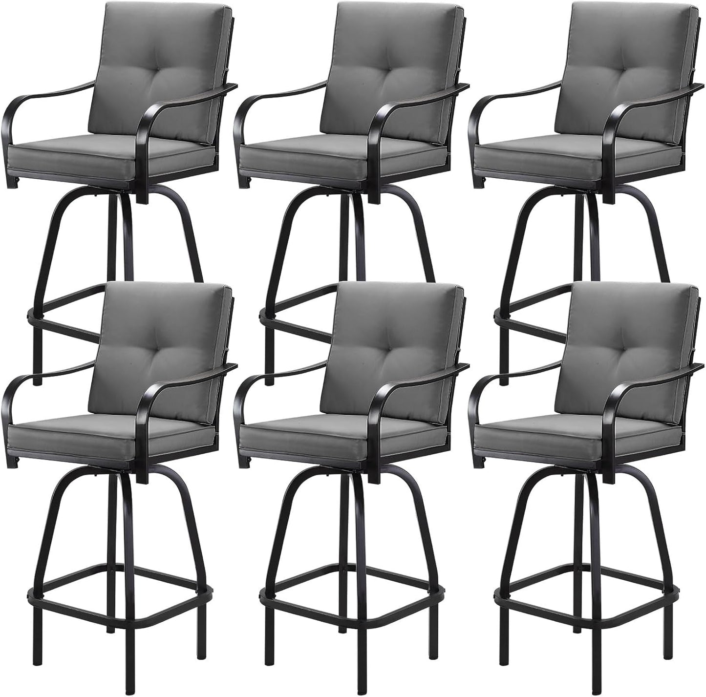 Patio Swivel Bar Stools Set of 2, Outdoor Bar Height Patio Swivel Chairs with Cushion for Garden Balcony Backyard (Grey)