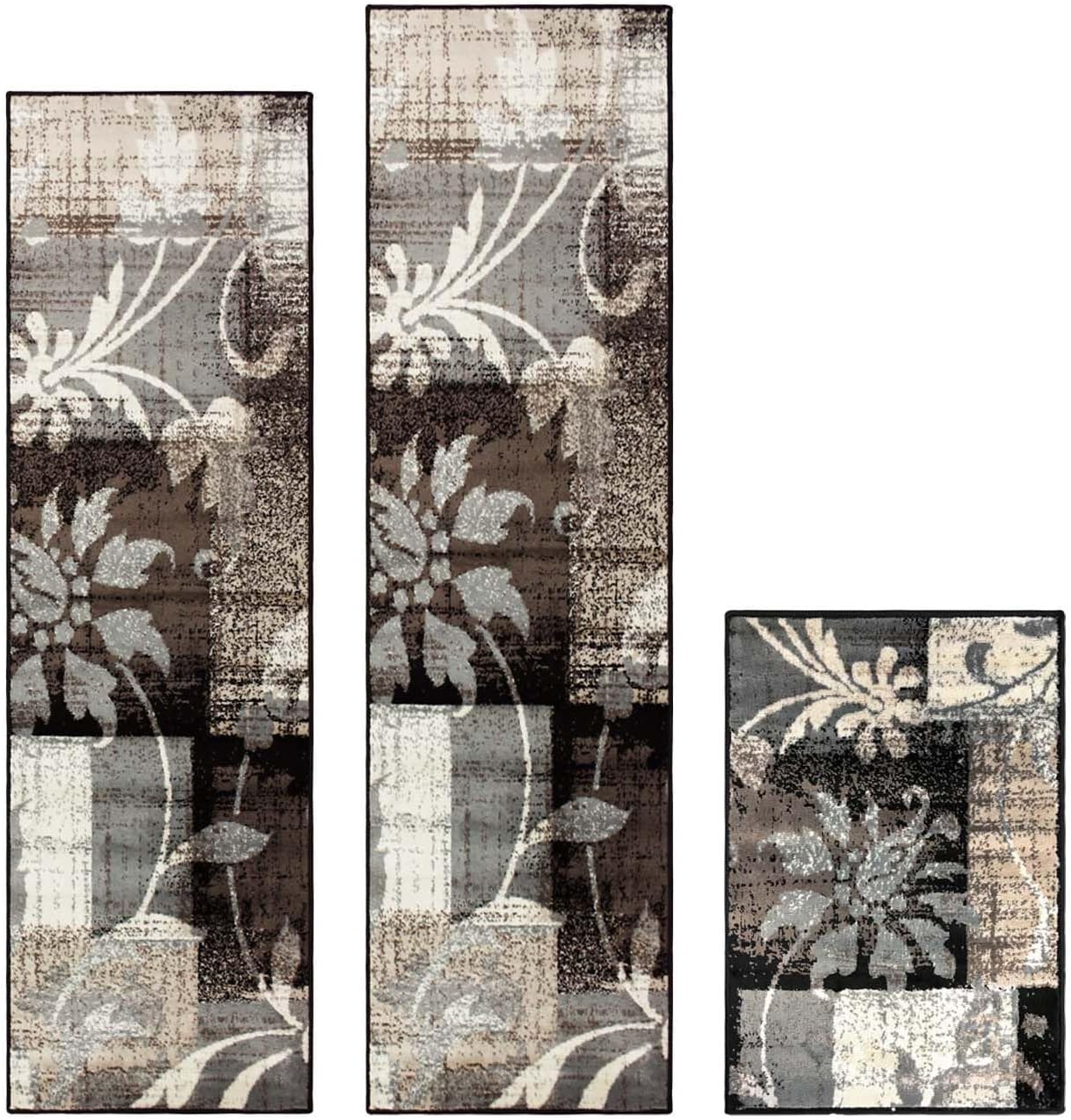 Superior Pastiche 3 Piece Indoor Area Rug Set, Jute Backing, Modern Floral Patchwork Decor, Hallway, Office, Kitchen, Bedroom, Living Room Floors, Plush Rugs, 2' x 3', 4' x 6', 6' x 9', Beige