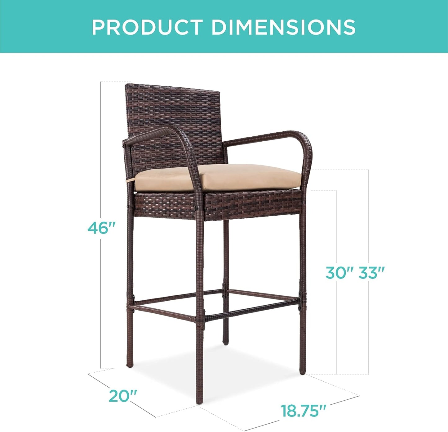Best Choice Products Set of 2 Wicker Bar Stools, Indoor Outdoor Bar Height Chairs w/Cushion, Footrests, Armrests for Backyard, Patio, Pool, Garden, Deck - Brown