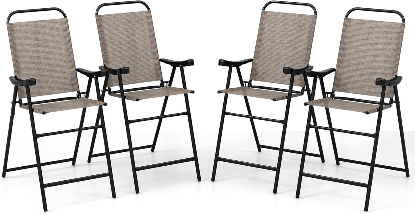 COSTWAY 2 Pieces Patio Folding Bar Chairs, High Top Patio Bar Chair with Metal Frame & Footrest, Outdoor Counter Height Chairs for Balcony, Garden & Poolside, Coffee (1, Coffee)