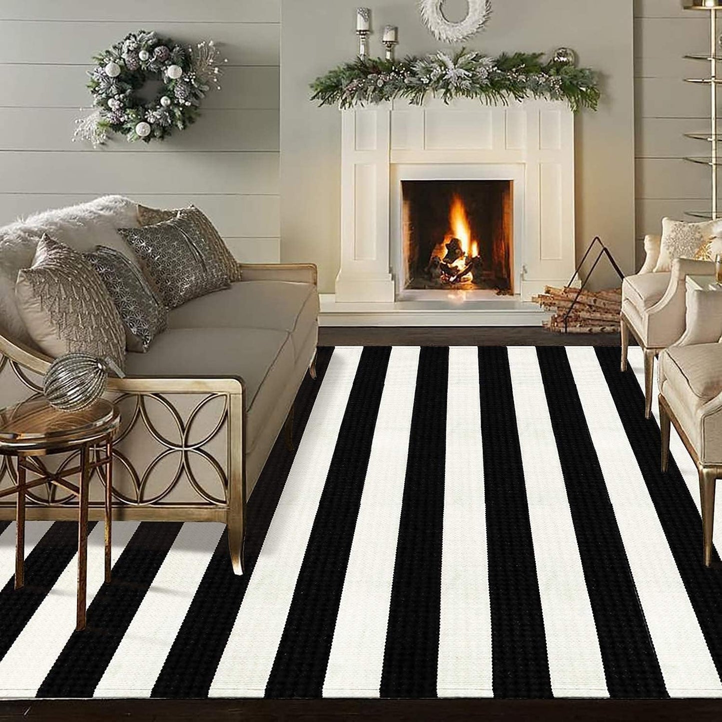 LEEVAN Black and White Striped Area Rug 5' x 7' Indoor Outdoor Rug Washable Woven Farmhouse Porch Front Outdoor Rug Patio Clearance for Living Room Courtyard Large Cotton Floor Carpet