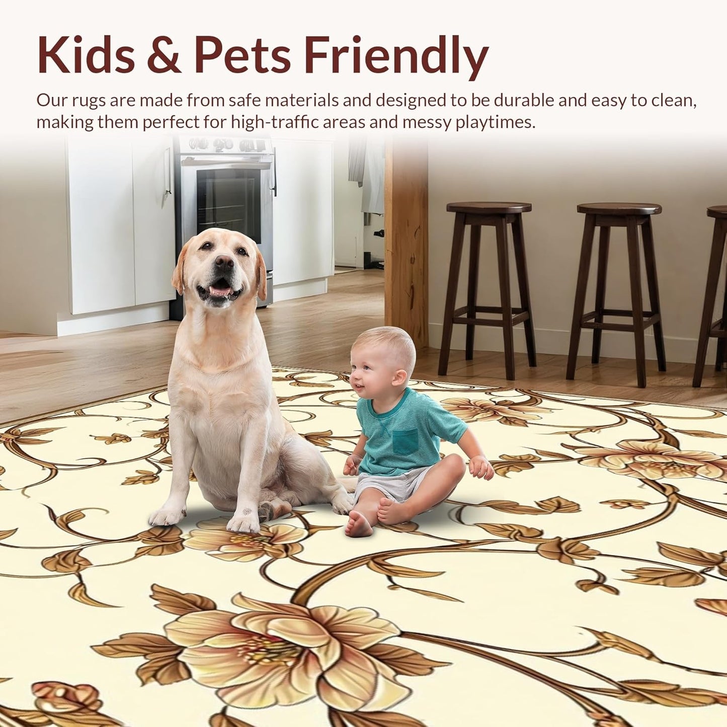 Ultra Soft Area Rug 8x10, Non Slip, Stain Resistant, Washable Area Rugs for Living Room, Bedroom, Elegant Kitchen Carpet Set, 3-Piece, Brown Floral Design (Beige, 8x10)
