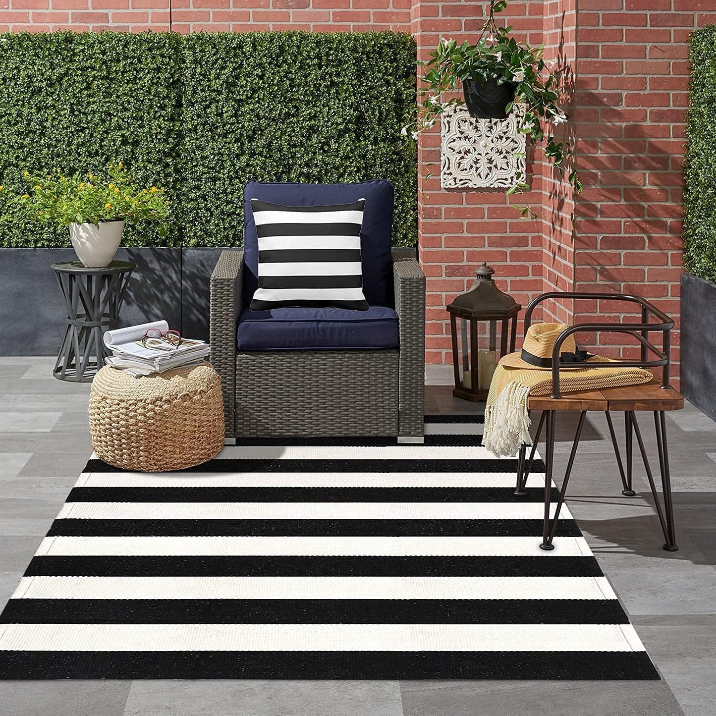 LEEVAN Black and White Striped Area Rug 5' x 7' Indoor Outdoor Rug Washable Woven Farmhouse Porch Front Outdoor Rug Patio Clearance for Living Room Courtyard Large Cotton Floor Carpet