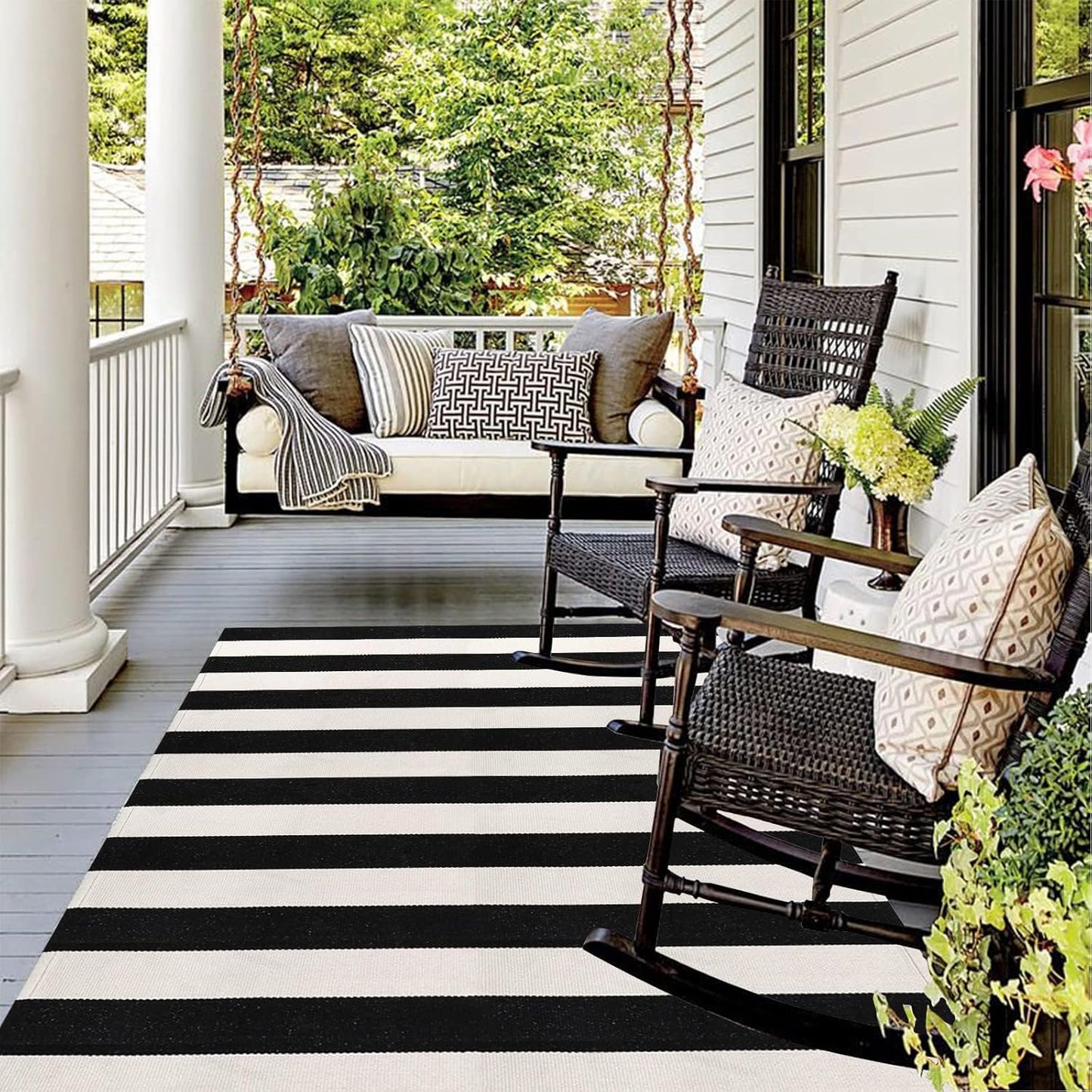 LEEVAN Black and White Striped Area Rug 5' x 7' Indoor Outdoor Rug Washable Woven Farmhouse Porch Front Outdoor Rug Patio Clearance for Living Room Courtyard Large Cotton Floor Carpet