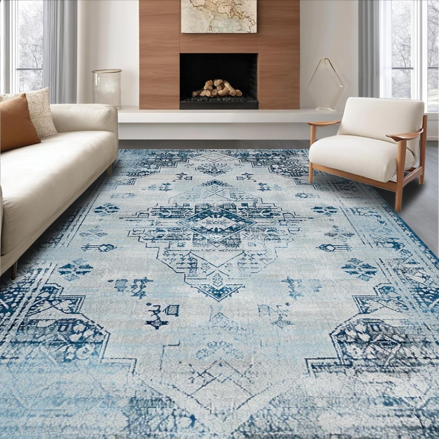 Ultra Soft Area Rug 8x10, Non Slip, Stain Resistant, Washable Area Rugs for Living Room, Bedroom, Farmhouse Grey Kitchen Carpet Set, 3 Piece Washable Non Slip Runner Rug (White, 8x10)