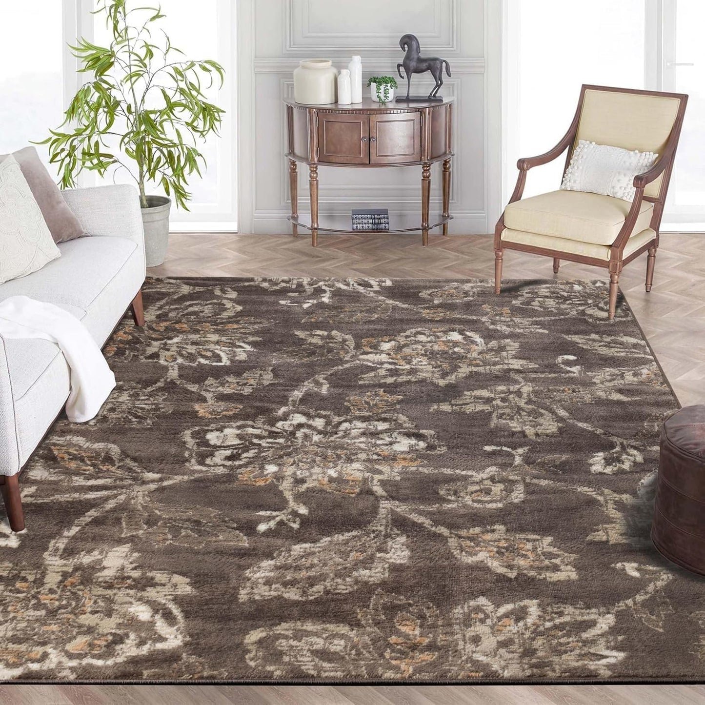 Superior Jacobean 3 Piece Indoor Area Rug Set, Jute Backing, Modern Floral Decor for Hallway, Entry, Office, Kitchen, Bedroom, Living Room Floors, Plush Rugs, 2' 7" x 8', 5' x 8', 8' x 10', Chocolate