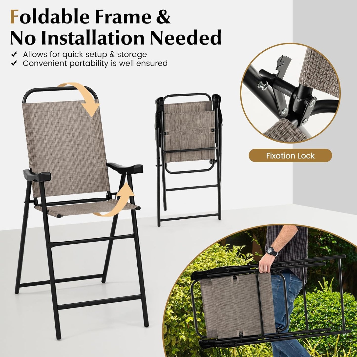 COSTWAY 2 Pieces Patio Folding Bar Chairs, High Top Patio Bar Chair with Metal Frame & Footrest, Outdoor Counter Height Chairs for Balcony, Garden & Poolside, Coffee (1, Coffee)
