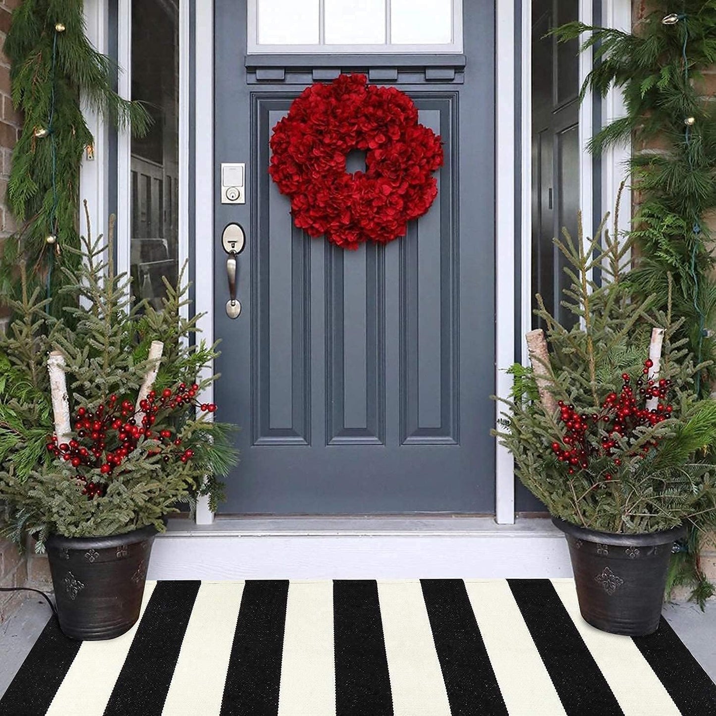 LEEVAN Black and White Striped Area Rug 5' x 7' Indoor Outdoor Rug Washable Woven Farmhouse Porch Front Outdoor Rug Patio Clearance for Living Room Courtyard Large Cotton Floor Carpet