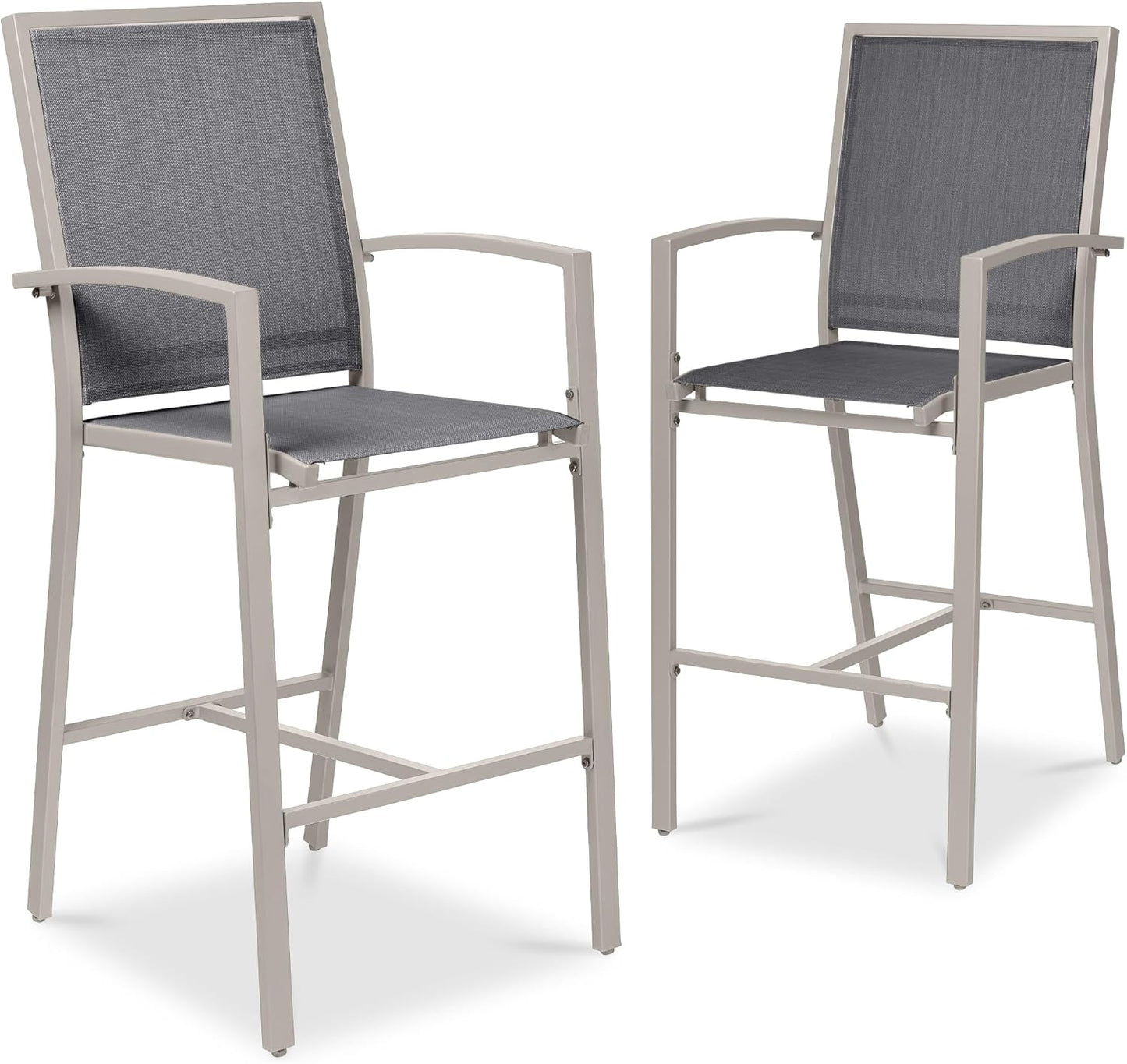 Best Choice Products Outdoor Bar Stools Set of 2, Bar Height, Patio Furniture, All Weather Mesh Design w/Armrest - Brown/Brown