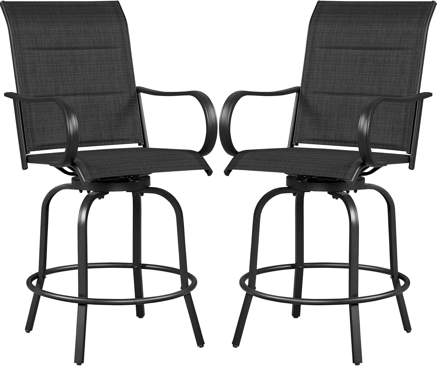 Yaheetech 2 Piece Patio Swivel Bar Stools Texteline Bistro Chairs with High Back/Armrest/Footrest, All Weather Padded Seating Outdoor Furniture Chairs for Outside, Lawn & Garden, Black/Brown
