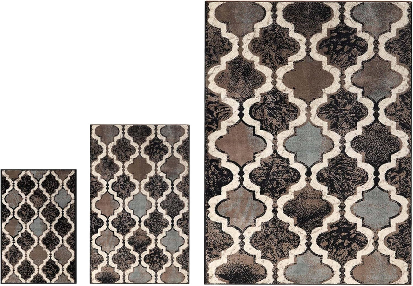 Superior Viking 3 Piece Indoor Area Rug Set, Jute Backing, Modern Trellis Decor for Hallway, Entry, Office, Kitchen, Bedroom, Living Room Floors, Plush Rugs, 2' 7" x 8', 2' x 3', 4' x 6', Chocolate