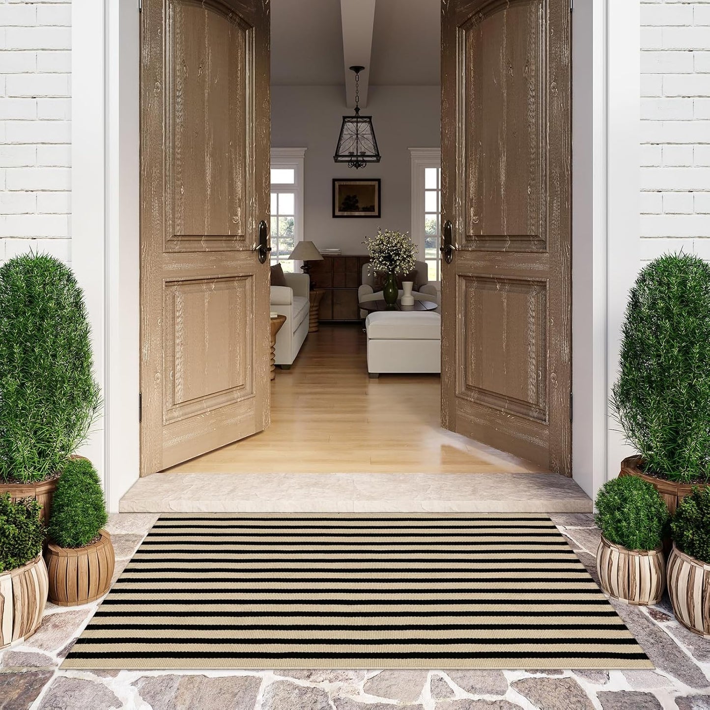 LEEVAN Black and White Striped Area Rug 5' x 7' Indoor Outdoor Rug Washable Woven Farmhouse Porch Front Outdoor Rug Patio Clearance for Living Room Courtyard Large Cotton Floor Carpet