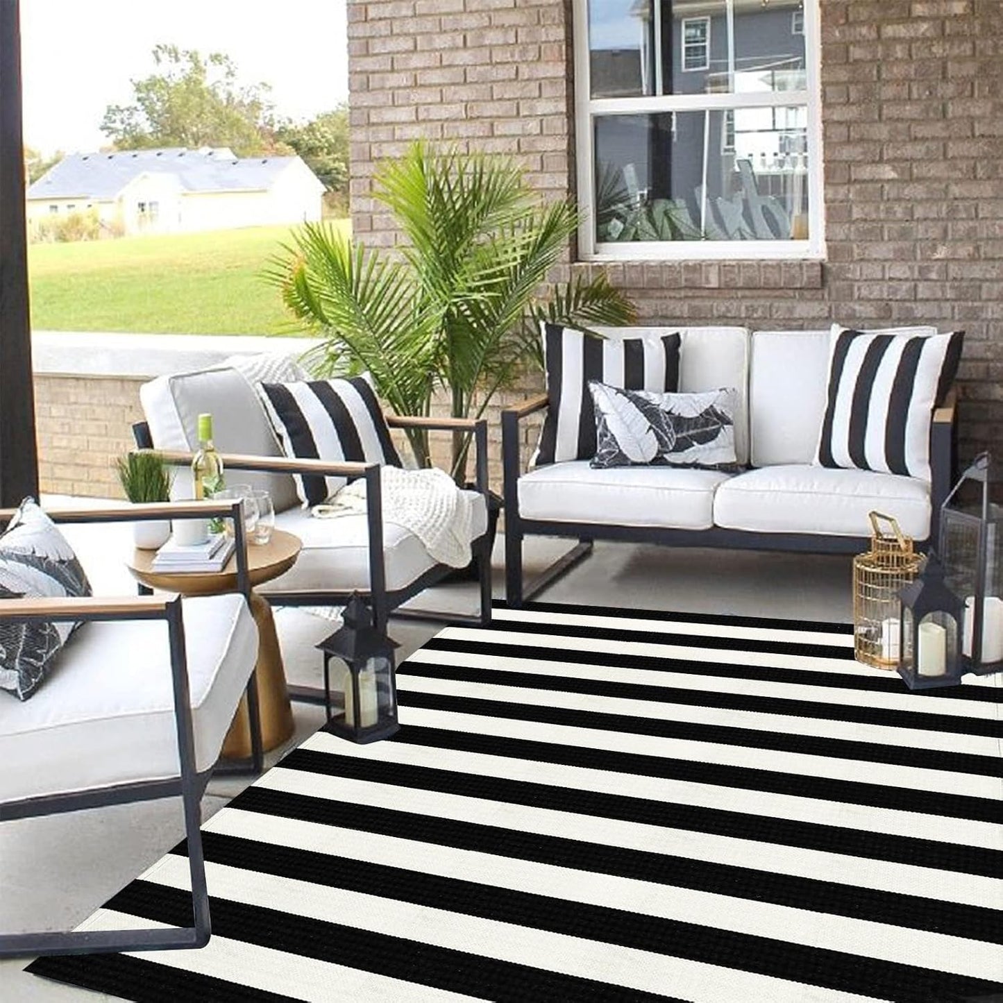 LEEVAN Black and White Striped Area Rug 5' x 7' Indoor Outdoor Rug Washable Woven Farmhouse Porch Front Outdoor Rug Patio Clearance for Living Room Courtyard Large Cotton Floor Carpet
