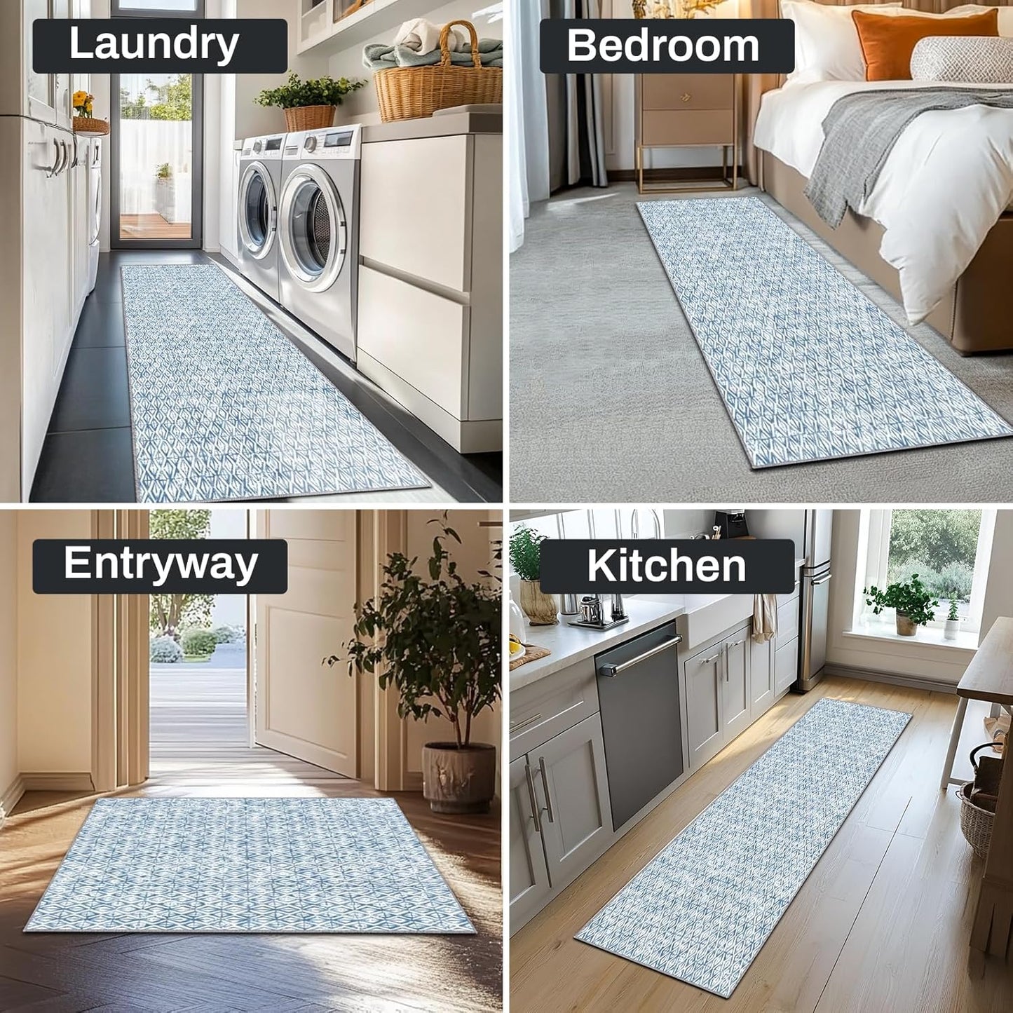 Kitchen Runner Rug Set, 3 Piece Non-Slip Floor Mat, Gray and White Design, 20x32, 20x47, 20x59 inches