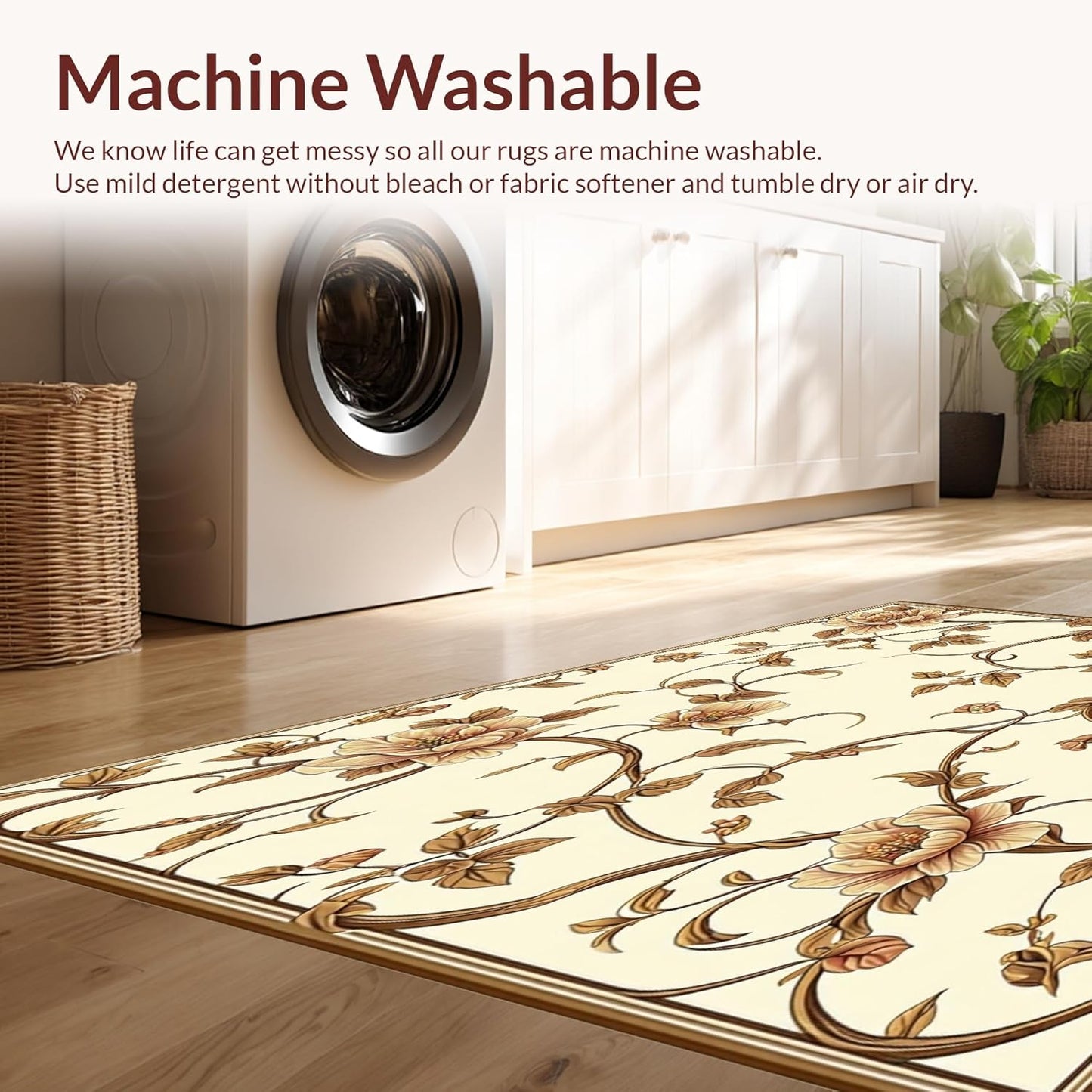 Ultra Soft Area Rug 8x10, Non Slip, Stain Resistant, Washable Area Rugs for Living Room, Bedroom, Elegant Kitchen Carpet Set, 3-Piece, Brown Floral Design (Beige, 8x10)