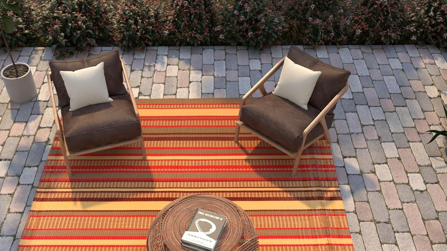 Mad Mats Geometric Stripe 5x8 Brown Outdoor Rug, Reversible Plastic Mat for Patio, Porch, Poolside, Mudroom, Camping, RV, Deck
