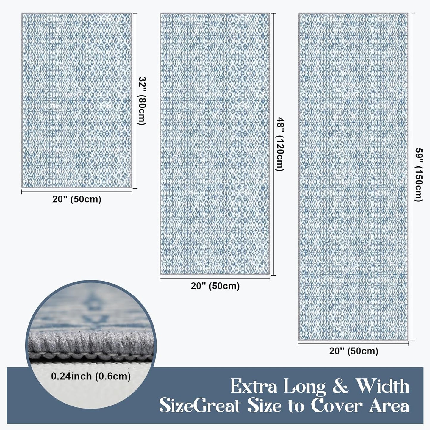 Kitchen Runner Rug Set, 3 Piece Non-Slip Floor Mat, Gray and White Design, 20x32, 20x47, 20x59 inches