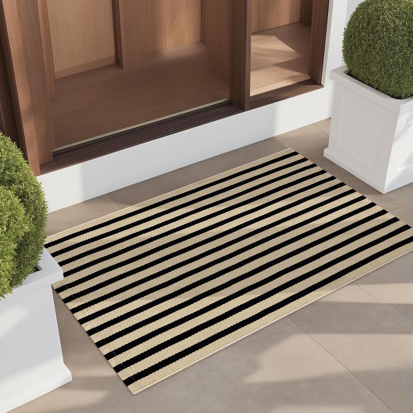 LEEVAN Black and White Striped Area Rug 5' x 7' Indoor Outdoor Rug Washable Woven Farmhouse Porch Front Outdoor Rug Patio Clearance for Living Room Courtyard Large Cotton Floor Carpet