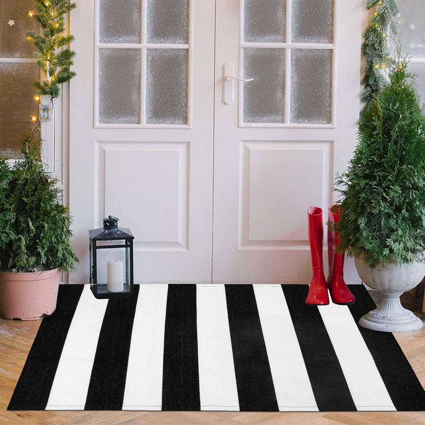 LEEVAN Black and White Striped Area Rug 5' x 7' Indoor Outdoor Rug Washable Woven Farmhouse Porch Front Outdoor Rug Patio Clearance for Living Room Courtyard Large Cotton Floor Carpet