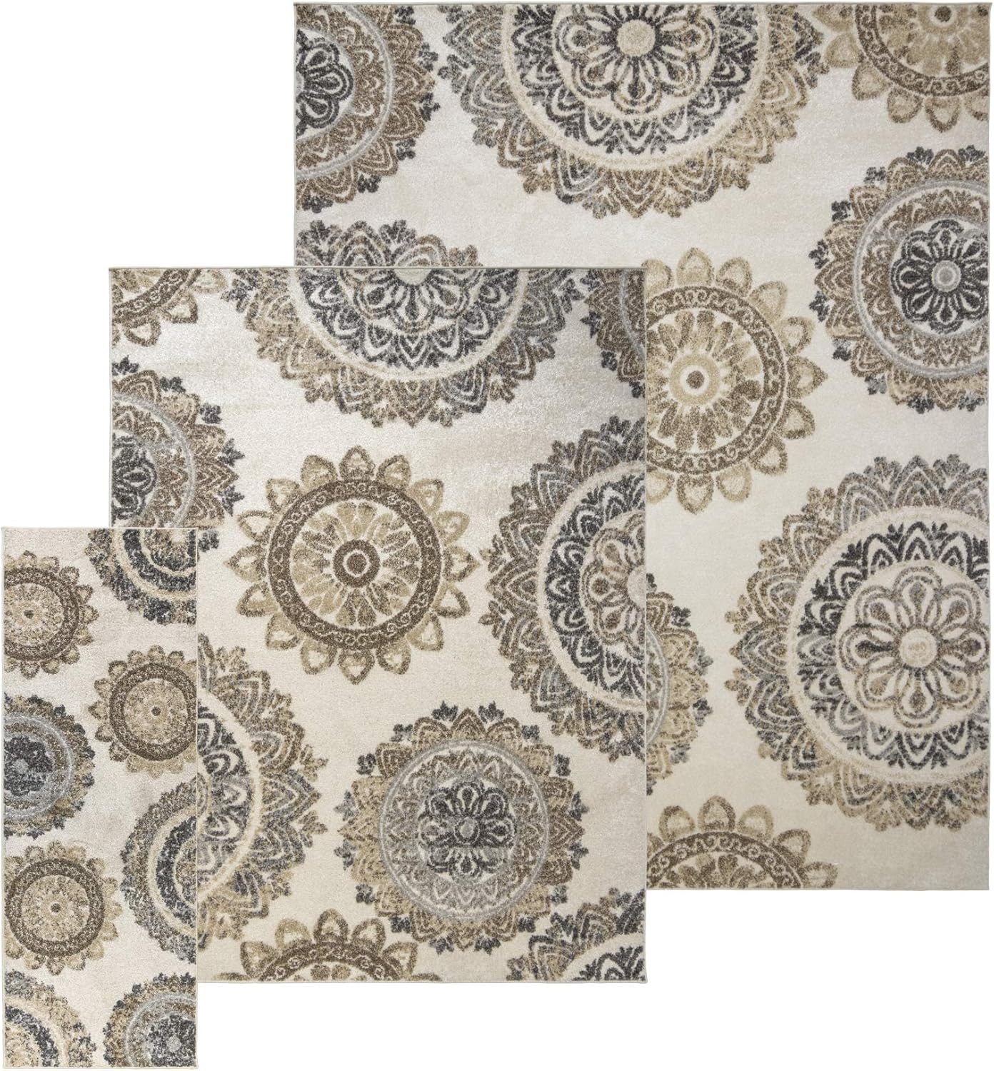 Gertmenian Area Rug 3 Piece Sets Non-Shedding Soft Modern Contemporary Carpet pc Living Room Dining Entryway Bedroom Runner Rugs Gift Set, 2x6 5x7 8x10 Large, Ivory Abstract Sunflower, 81742