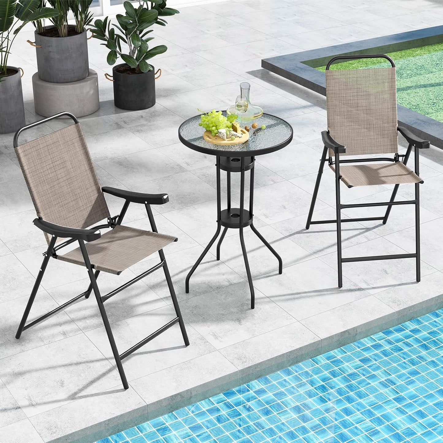 COSTWAY 2 Pieces Patio Folding Bar Chairs, High Top Patio Bar Chair with Metal Frame & Footrest, Outdoor Counter Height Chairs for Balcony, Garden & Poolside, Coffee (1, Coffee)