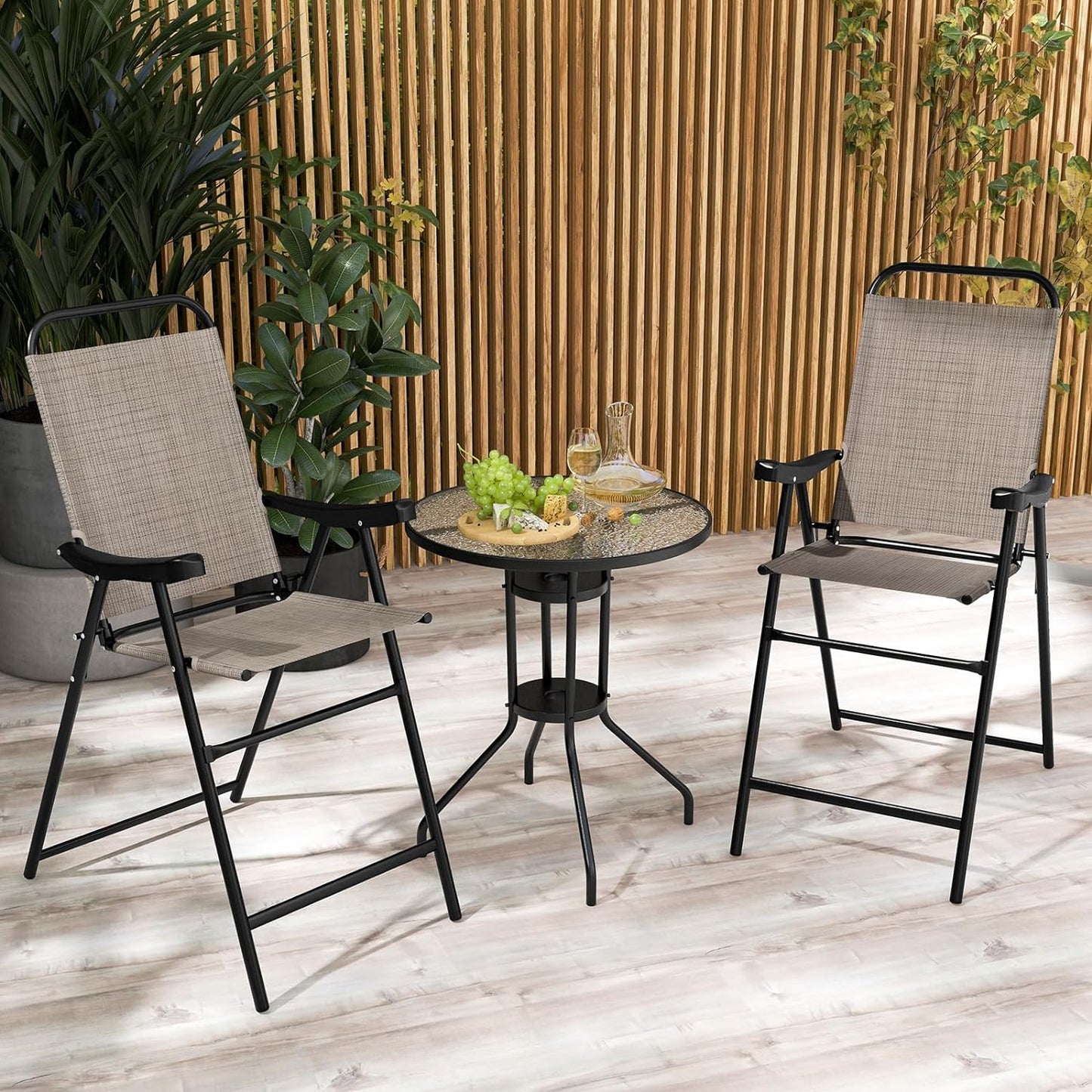 COSTWAY 2 Pieces Patio Folding Bar Chairs, High Top Patio Bar Chair with Metal Frame & Footrest, Outdoor Counter Height Chairs for Balcony, Garden & Poolside, Coffee (1, Coffee)