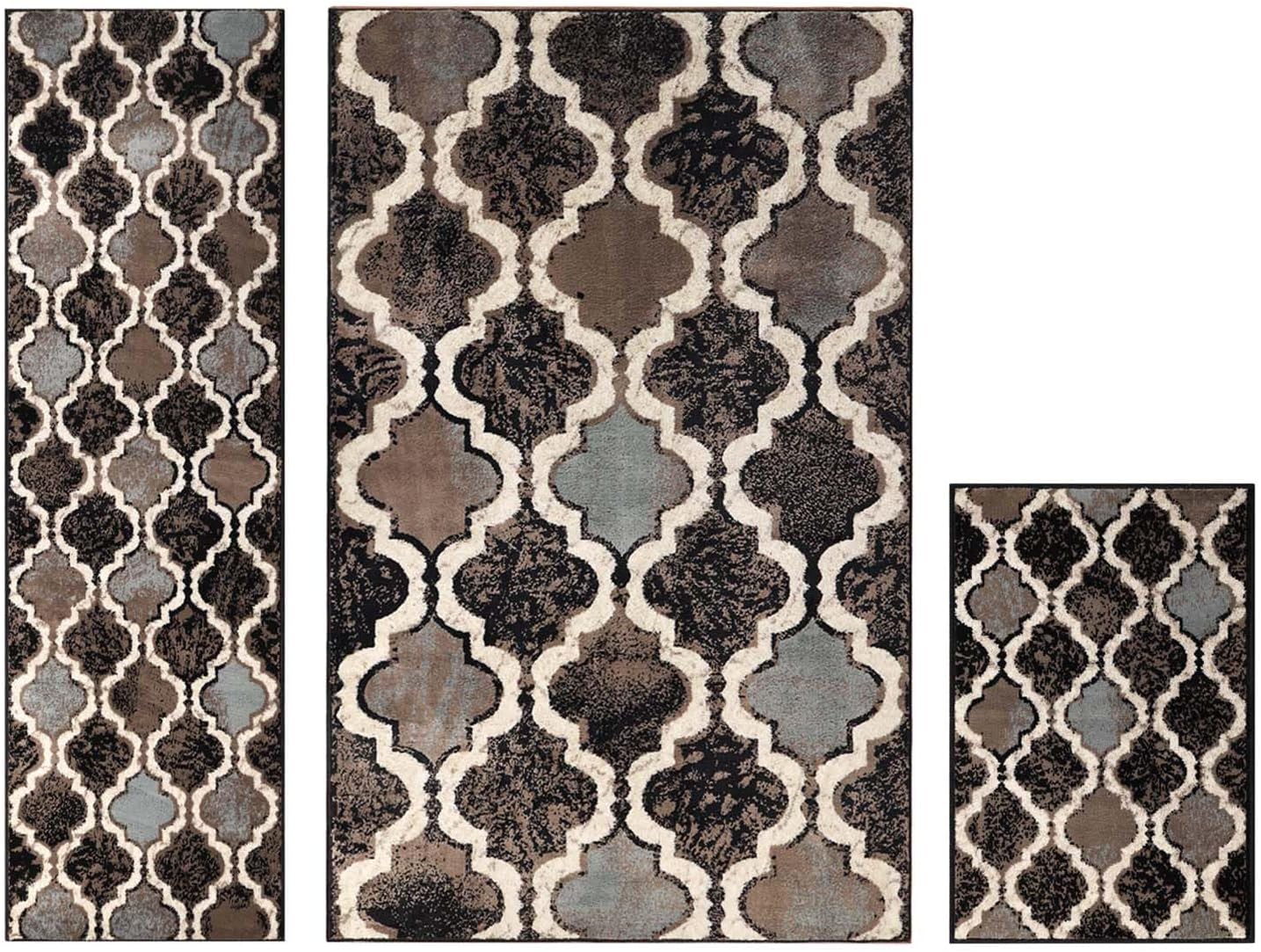 Superior Viking 3 Piece Indoor Area Rug Set, Jute Backing, Modern Trellis Decor for Hallway, Entry, Office, Kitchen, Bedroom, Living Room Floors, Plush Rugs, 2' 7" x 8', 2' x 3', 4' x 6', Chocolate