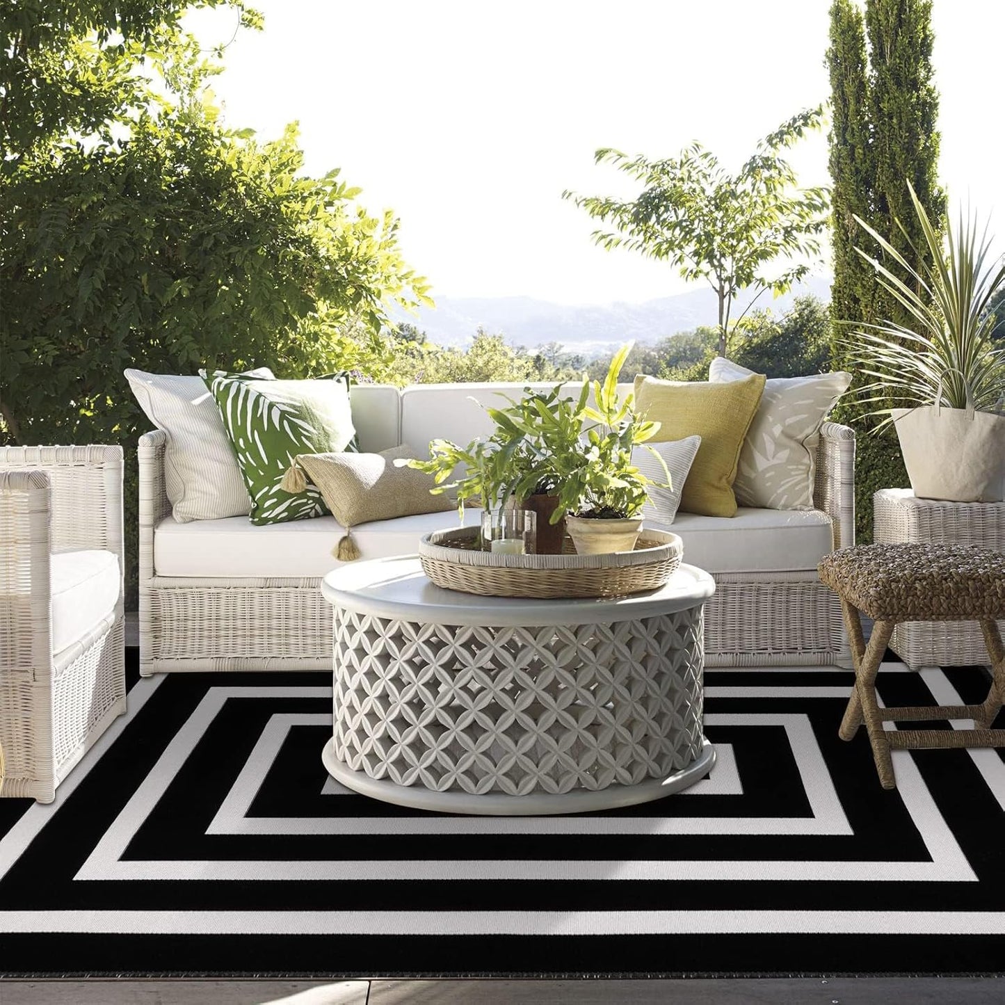 LEEVAN Black and White Striped Area Rug 5' x 7' Indoor Outdoor Rug Washable Woven Farmhouse Porch Front Outdoor Rug Patio Clearance for Living Room Courtyard Large Cotton Floor Carpet