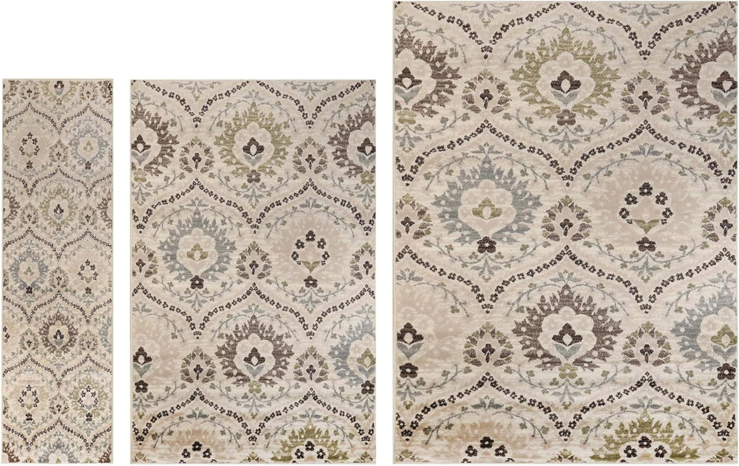 Superior Augusta 3 Piece Indoor Area Rug Set, Jute Backing, Floral Damask Decor for Hallway, Entry, Office, Kitchen, Bedroom, Living Room Floors, Plush Rugs, 2' 7" x 8', 2' x 3', 5' x 8', Beige