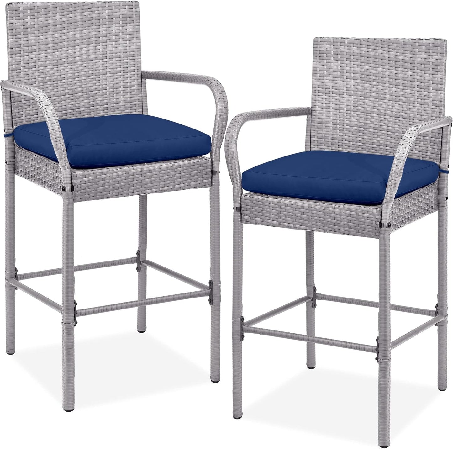 Best Choice Products Set of 2 Wicker Bar Stools, Indoor Outdoor Bar Height Chairs w/Cushion, Footrests, Armrests for Backyard, Patio, Pool, Garden, Deck - Brown