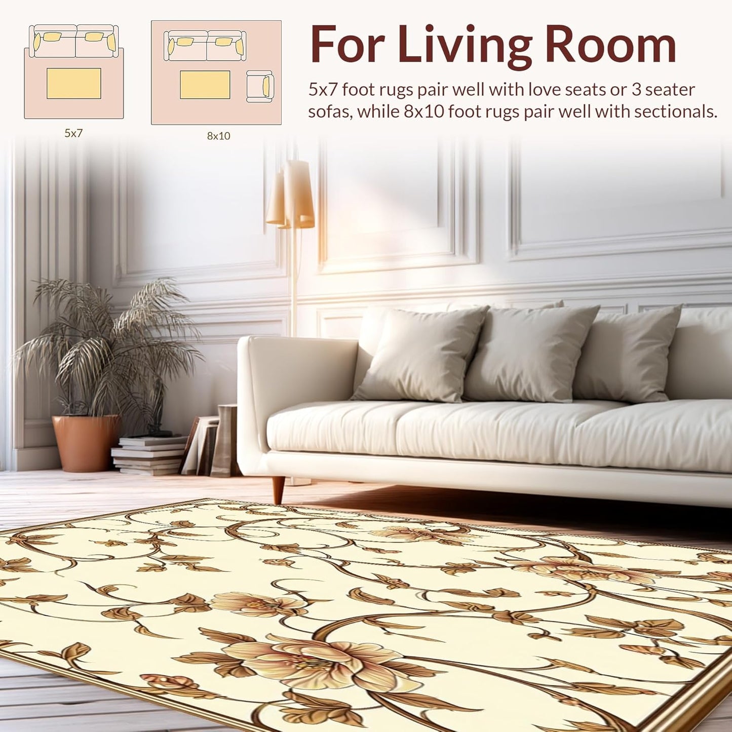 Ultra Soft Area Rug 8x10, Non Slip, Stain Resistant, Washable Area Rugs for Living Room, Bedroom, Elegant Kitchen Carpet Set, 3-Piece, Brown Floral Design (Beige, 8x10)