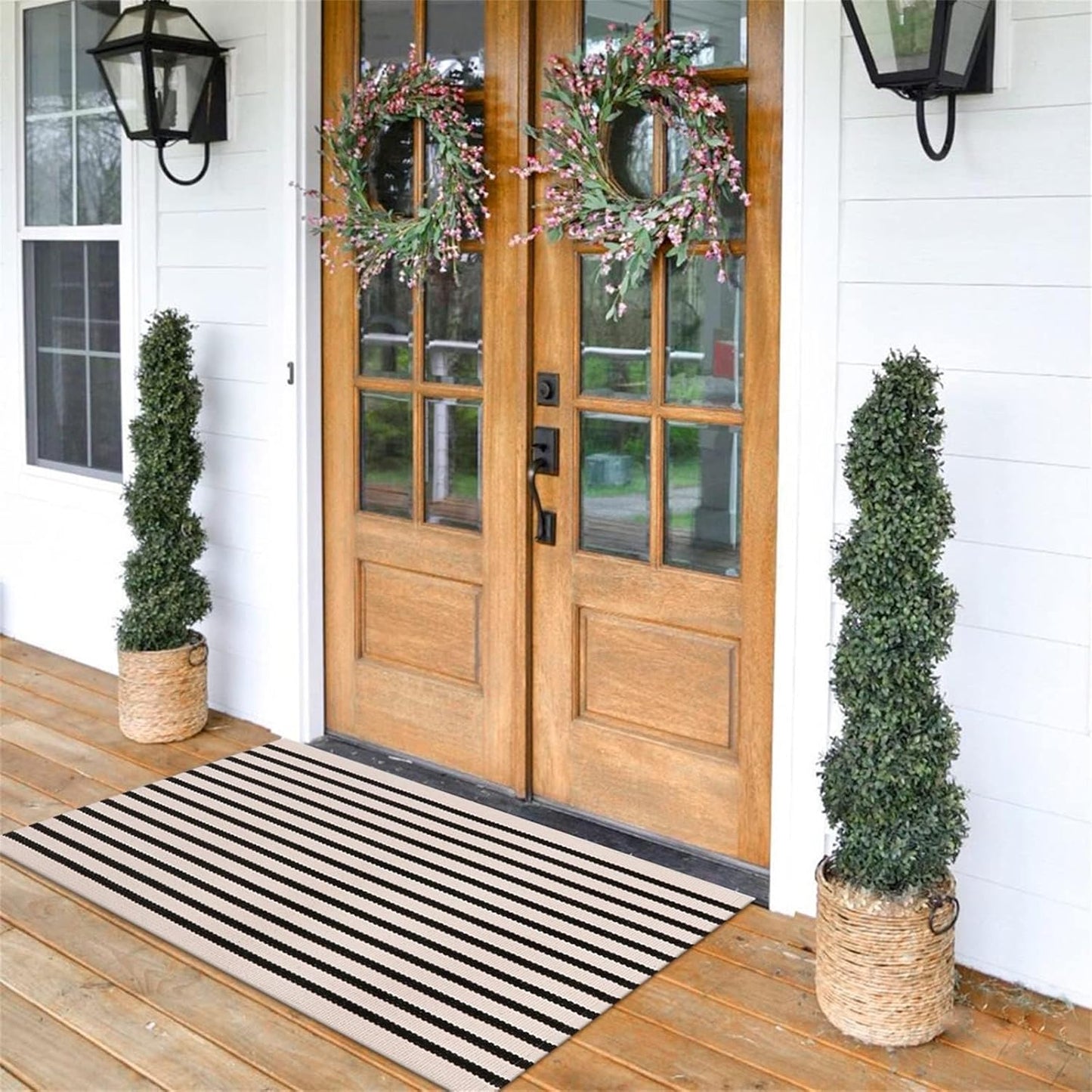 LEEVAN Black and White Striped Area Rug 5' x 7' Indoor Outdoor Rug Washable Woven Farmhouse Porch Front Outdoor Rug Patio Clearance for Living Room Courtyard Large Cotton Floor Carpet