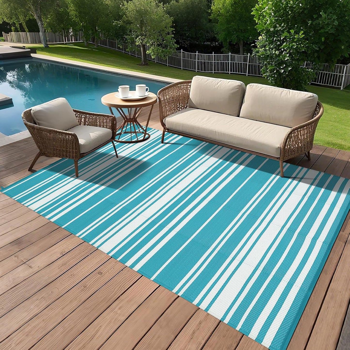 Outdoor Plastic Straw Rug 9x18 Waterproof Outside Rug, Large Modern Striped Reversible Floor Mats, Foldable & Lightweight Camping Carpet for Patio, Porch, Deck, Backyard, Balcony, Light Blue