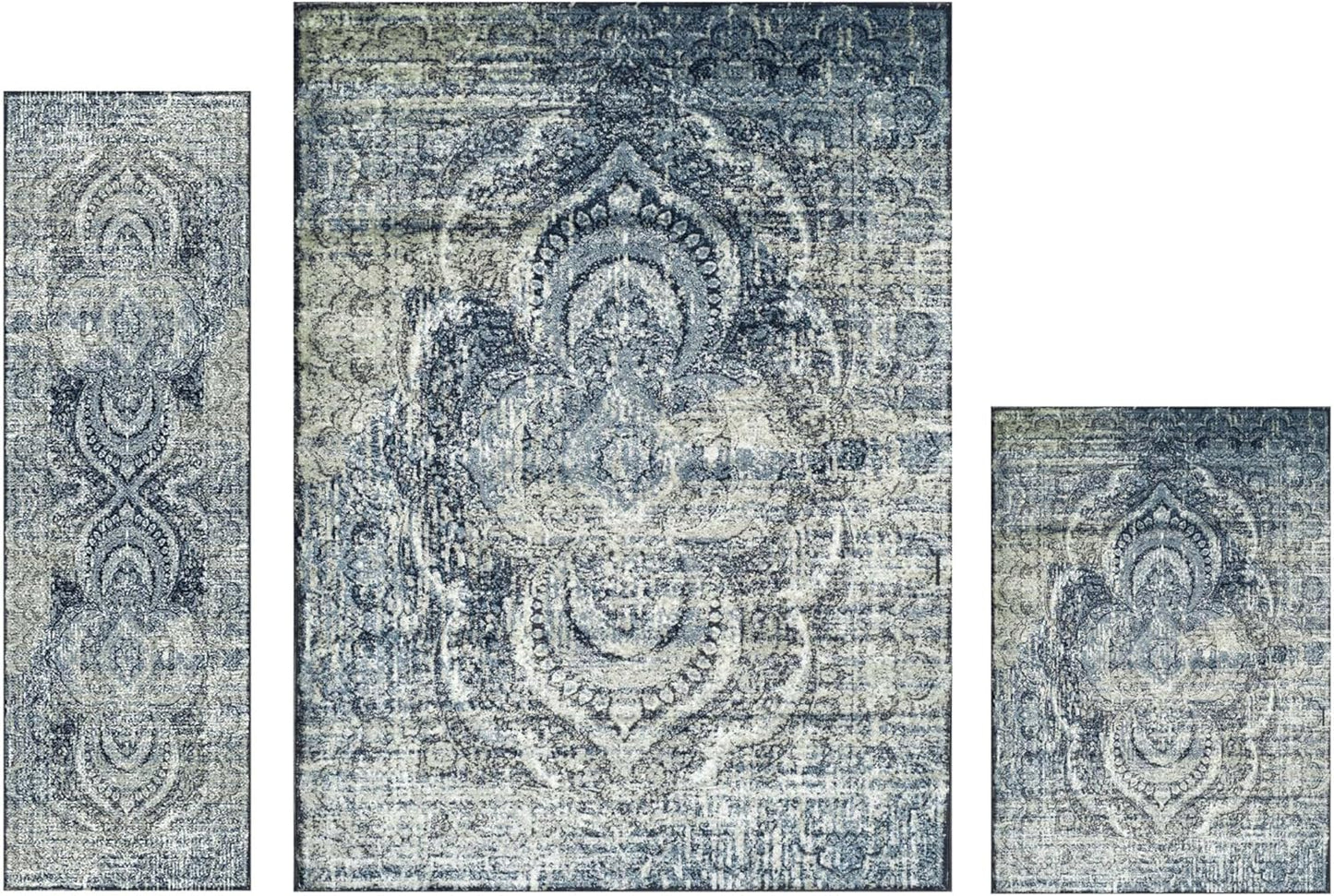 Superior Salford 3 Piece Indoor Area Rug Set, Jute Backing, Abstract Medallion Decor for Hallway, Office, Kitchen, Bedroom, Living Room Floors, Plush Rugs, 2' x 3', 2' 7" x 8', 8' x 10', Blue/Beige