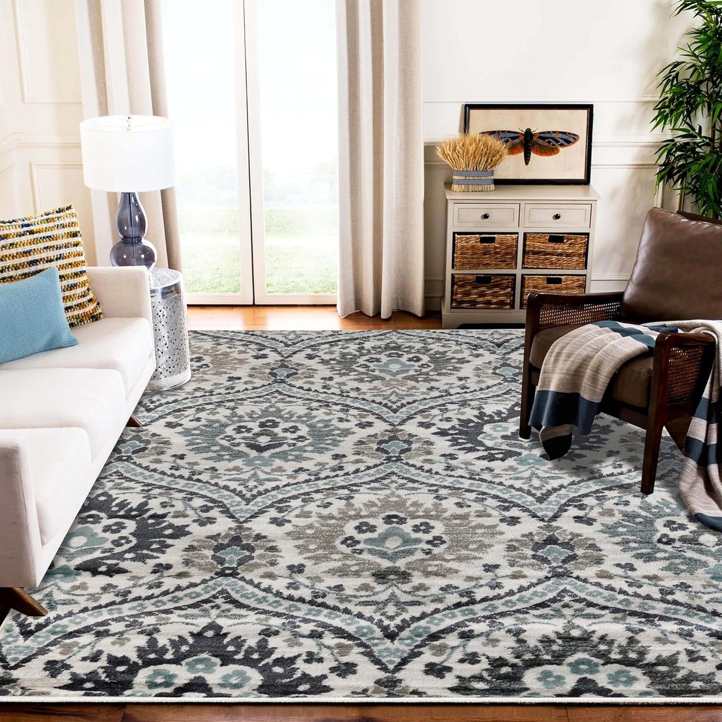 Superior Augusta 3 Piece Indoor Area Rug Set, Jute Backing, Floral Damask Decor for Hallway, Entry, Office, Kitchen, Bedroom, Living Room Floors, Plush Rugs, 2' 7" x 8', 2' x 3', 5' x 8', Beige