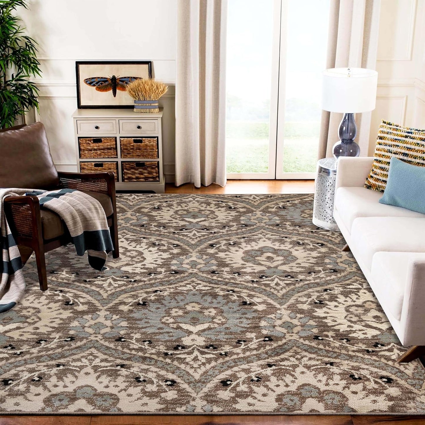 Superior Augusta 3 Piece Indoor Area Rug Set, Jute Backing, Floral Damask Decor for Hallway, Entry, Office, Kitchen, Bedroom, Living Room Floors, Plush Rugs, 2' 7" x 8', 2' x 3', 5' x 8', Beige