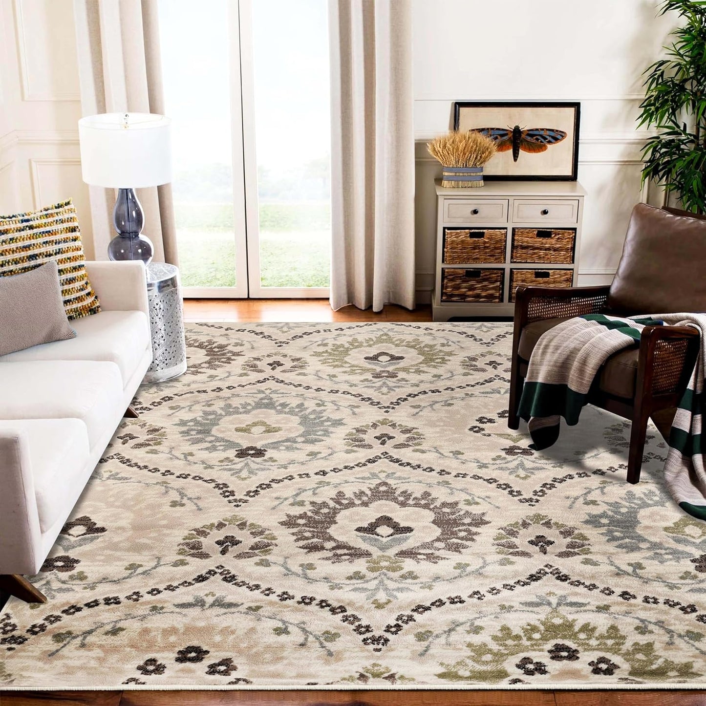 Superior Augusta 3 Piece Indoor Area Rug Set, Jute Backing, Floral Damask Decor for Hallway, Entry, Office, Kitchen, Bedroom, Living Room Floors, Plush Rugs, 2' 7" x 8', 2' x 3', 5' x 8', Beige