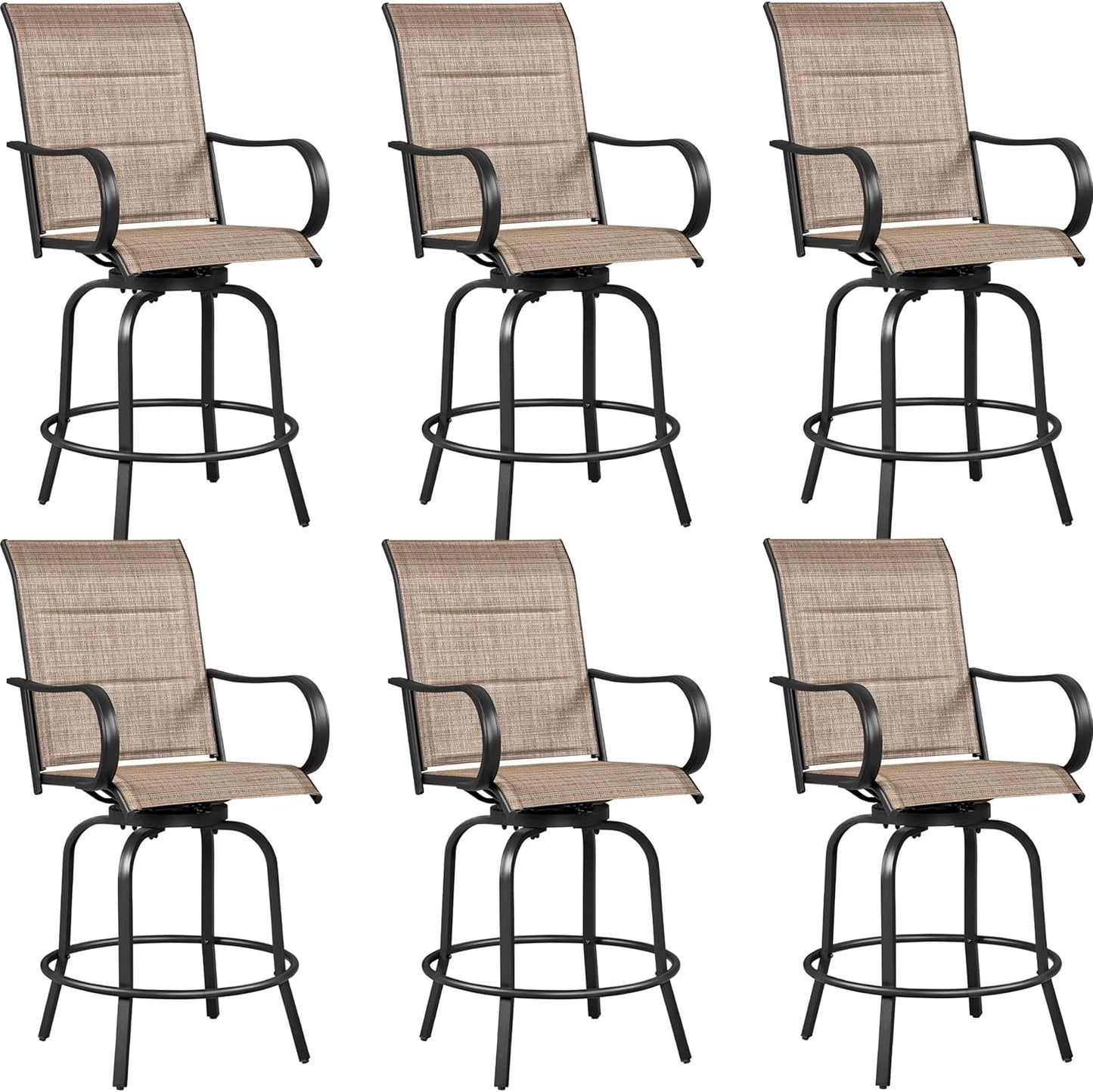 Yaheetech 2 Piece Patio Swivel Bar Stools Texteline Bistro Chairs with High Back/Armrest/Footrest, All Weather Padded Seating Outdoor Furniture Chairs for Outside, Lawn & Garden, Black/Brown
