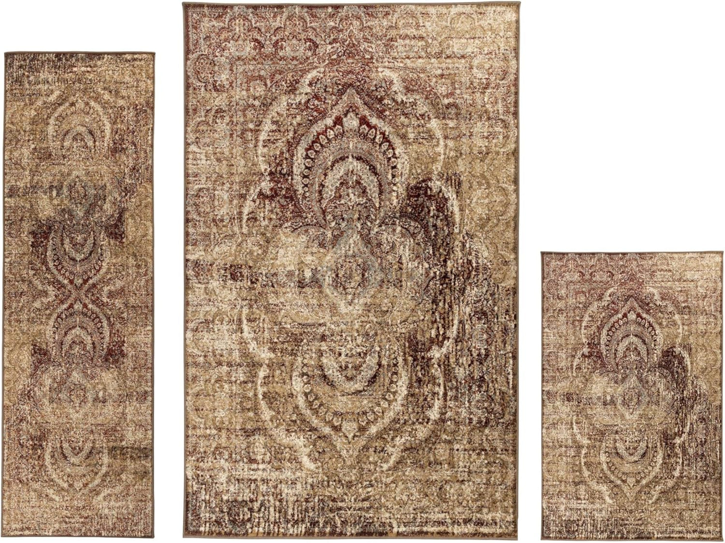 Superior Salford 3 Piece Indoor Area Rug Set, Jute Backing, Abstract Medallion Decor for Hallway, Office, Kitchen, Bedroom, Living Room Floors, Plush Rugs, 2' x 3', 2' 7" x 8', 8' x 10', Blue/Beige