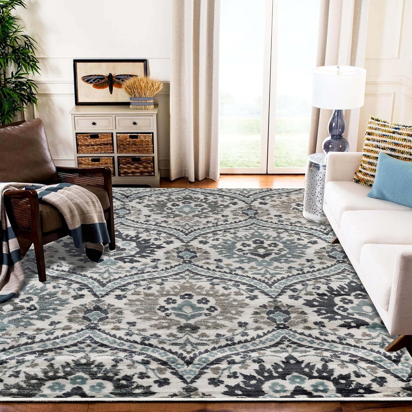 Superior Augusta 3 Piece Indoor Area Rug Set, Jute Backing, Floral Damask Decor for Hallway, Entry, Office, Kitchen, Bedroom, Living Room Floors, Plush Rugs, 2' 7" x 8', 2' x 3', 5' x 8', Beige