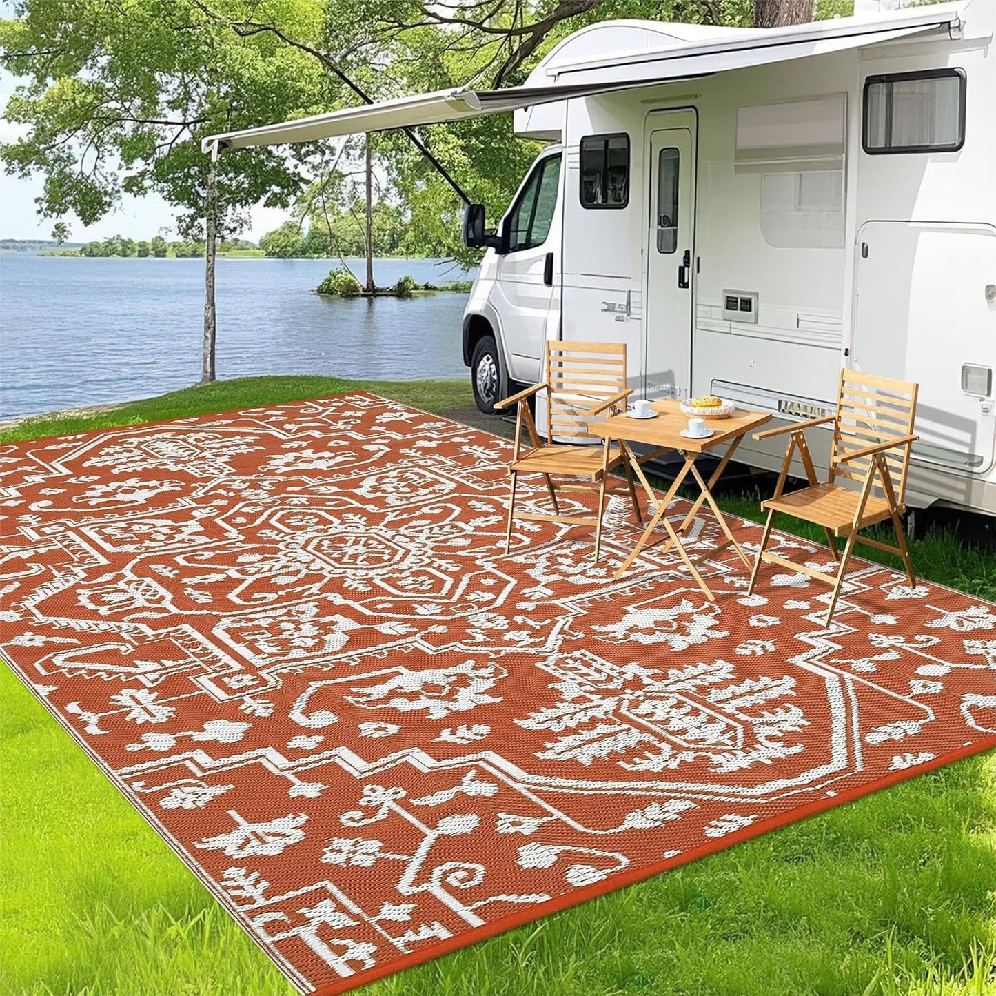 Outdoor Plastic Straw Rug 9x18 Waterproof Outside Rug, Large Modern Striped Reversible Floor Mats, Foldable & Lightweight Camping Carpet for Patio, Porch, Deck, Backyard, Balcony, Red Blue White
