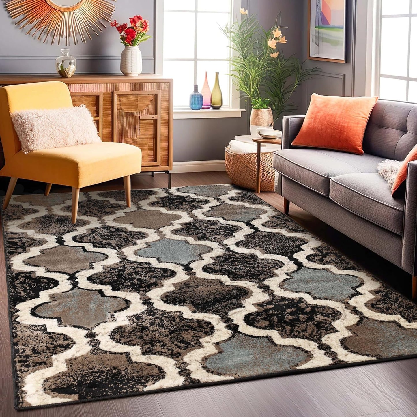 Superior Viking 3 Piece Indoor Area Rug Set, Jute Backing, Modern Trellis Decor for Hallway, Entry, Office, Kitchen, Bedroom, Living Room Floors, Plush Rugs, 2' 7" x 8', 2' x 3', 4' x 6', Chocolate